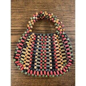 Vintage 1930’s Czechoslovakia Wooden Rainbow Beaded Clutch Mini Purse 6” x 4”